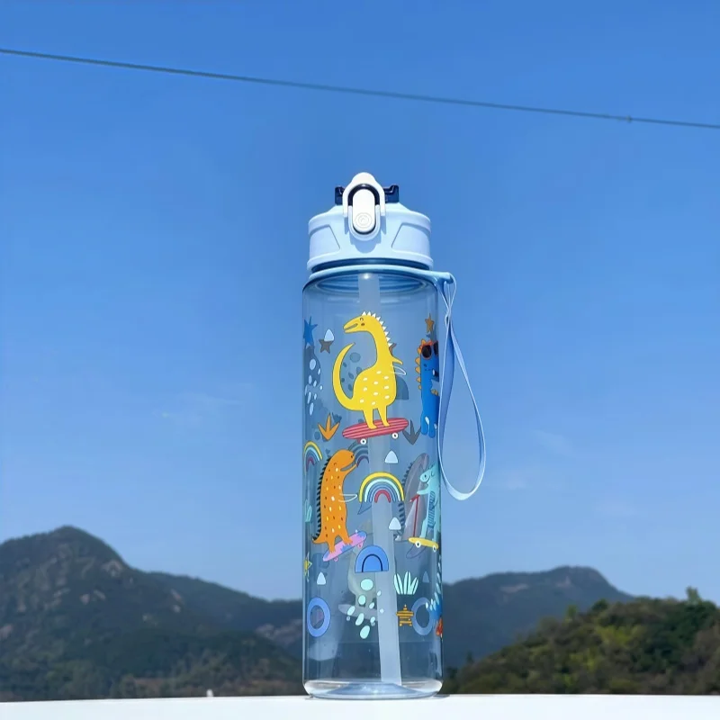 750ml Dinosaur Water Bottle For Kids Water Sippy Cup With Silicone Straw Leakproof Plastic Water Bottles Summer Kids Water Cup