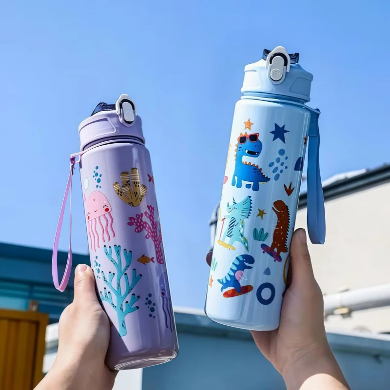 750ml Dinosaur Water Bottle For Kids Water Sippy Cup With Silicone Straw Leakproof Plastic Water Bottles Summer Kids Water Cup