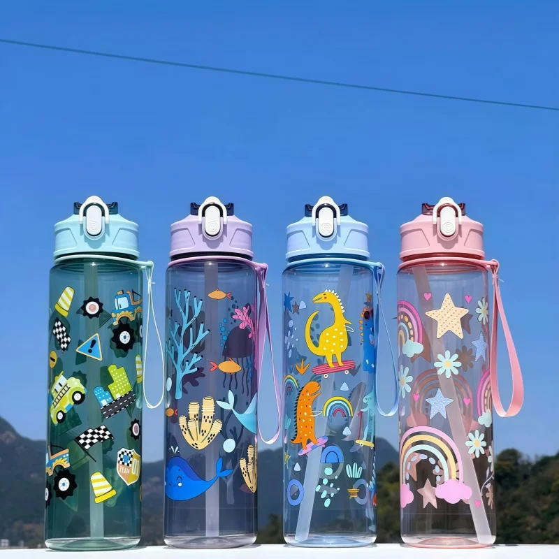 750ml Dinosaur Water Bottle For Kids Water Sippy Cup With Silicone Straw Leakproof Plastic Water Bottles Summer Kids Water Cup