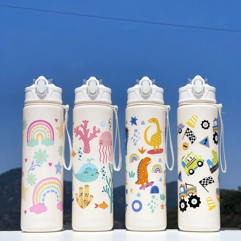 750ml Dinosaur Water Bottle For Kids Water Sippy Cup With Silicone Straw Leakproof Plastic Water Bottles Summer Kids Water Cup