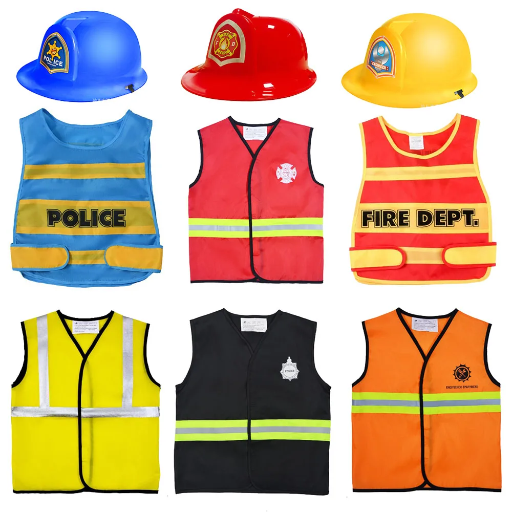 Girls Boys Birthday Role Playing Vest Firefighter Policeman Construction Worker Costume Vest Hat Props Cosplay Theme Party Decor
