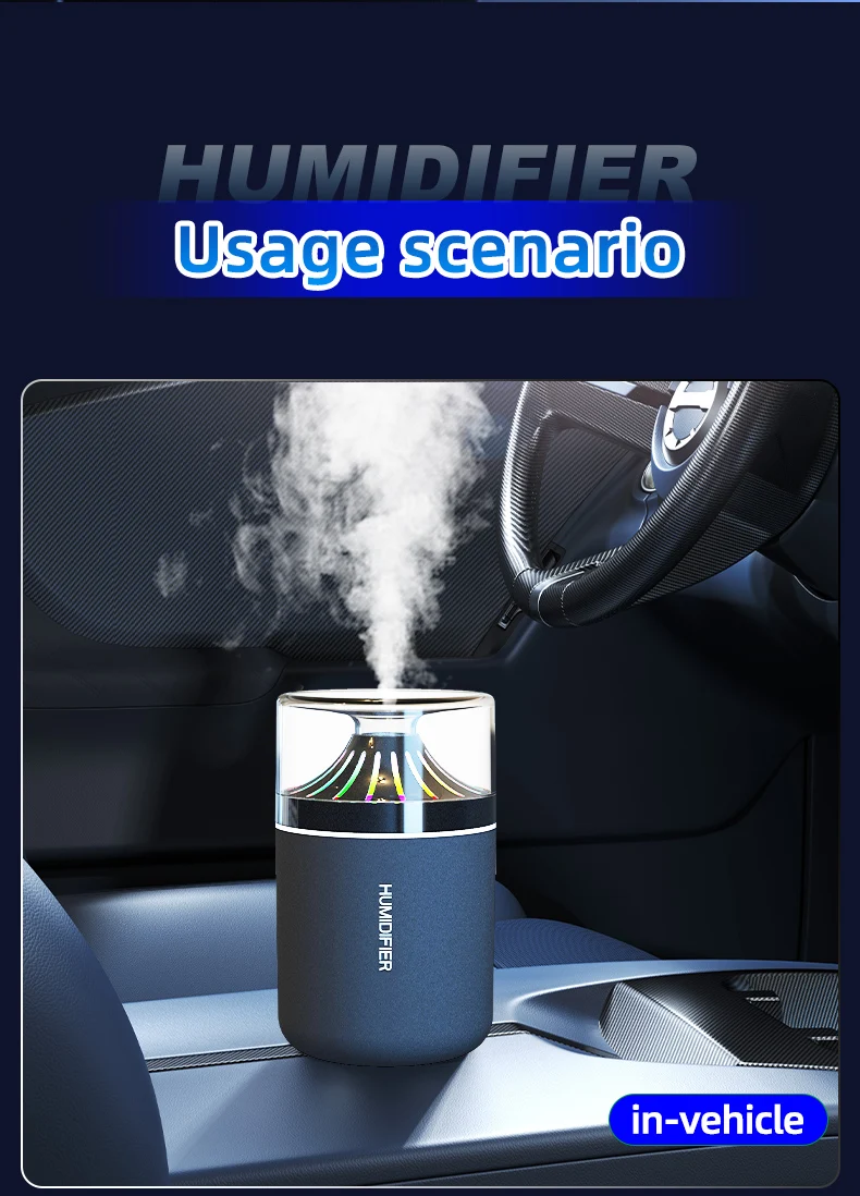 Colorful Gradual Change Atmosphere Light Vehicle Mounted Humidifier with Noise Reduction Mute Delicate Spray for Fresh Air