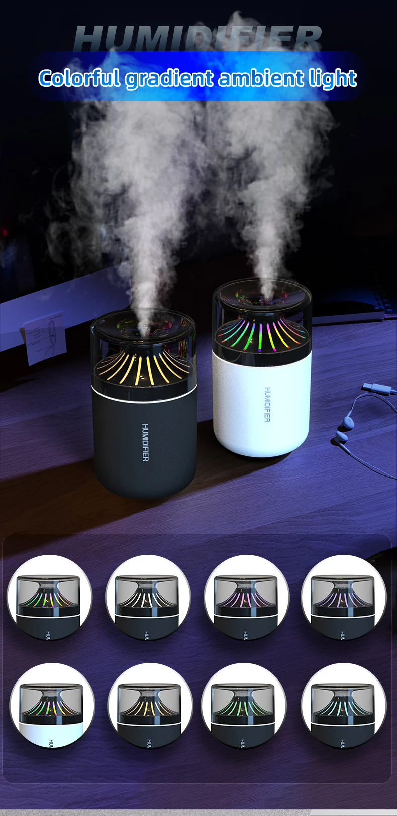 Colorful Gradual Change Atmosphere Light Vehicle Mounted Humidifier with Noise Reduction Mute Delicate Spray for Fresh Air