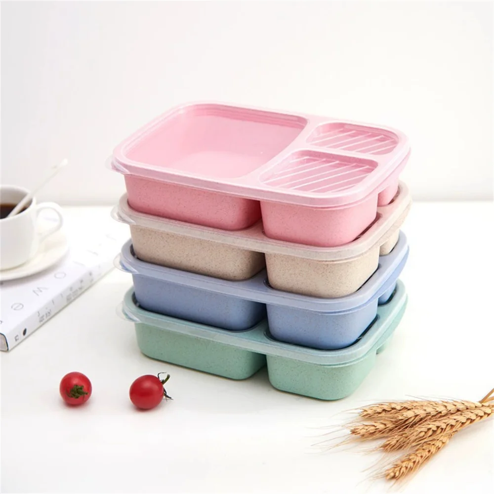 1/4pack Bento Lunch Box Set 3 Compartment Food Storage Containers Wheat Straw Meal Prep Lunch Box Plastic Food Storage Container