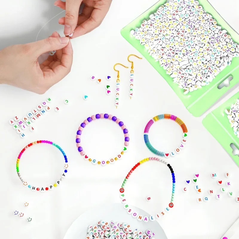 800 Pieces Letter Beads for Making, 28 Patterns and 8 Colors of Alphabet Beads, Colorful Face Beads and Heart Bea