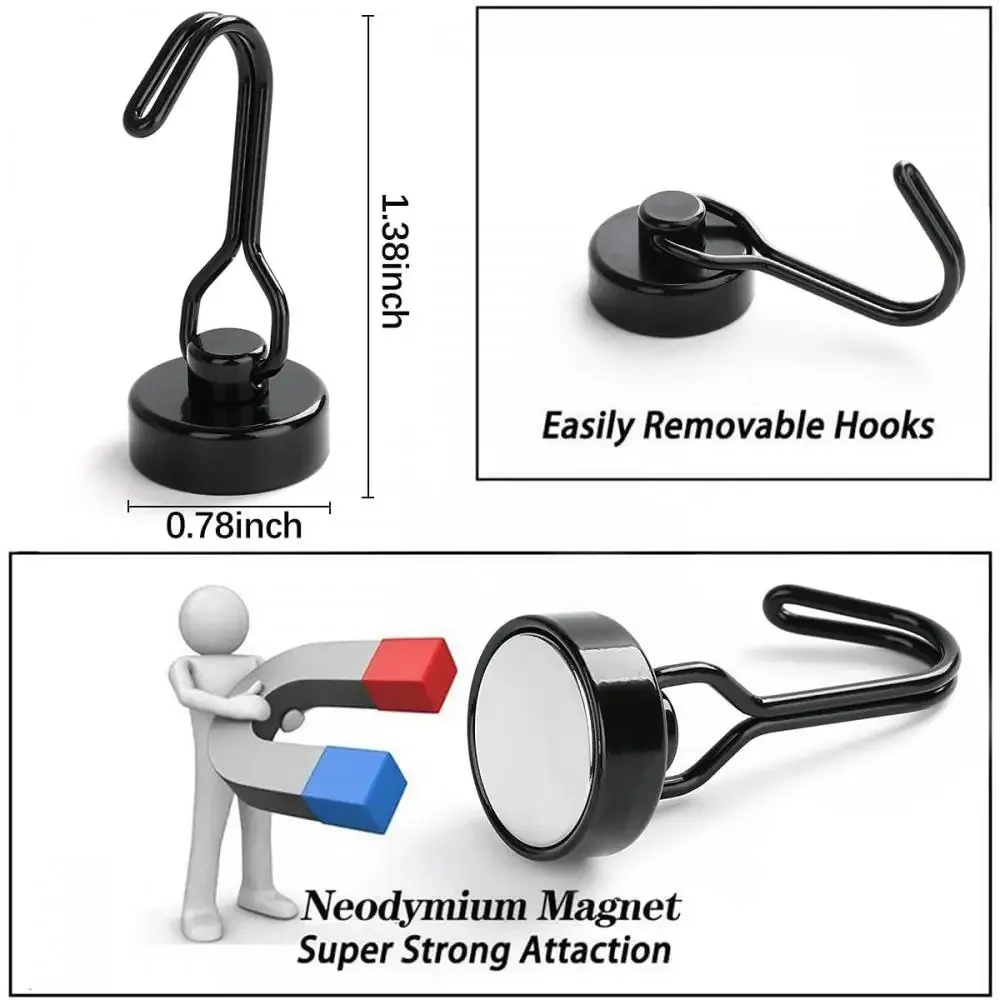 Heavy 1/2/4/8Pcs Duty Magnetic Hooks Strong Neodymium Magnet Hook Black Silver Swivel Hook Kitchen Refrigerator Hanging Tools