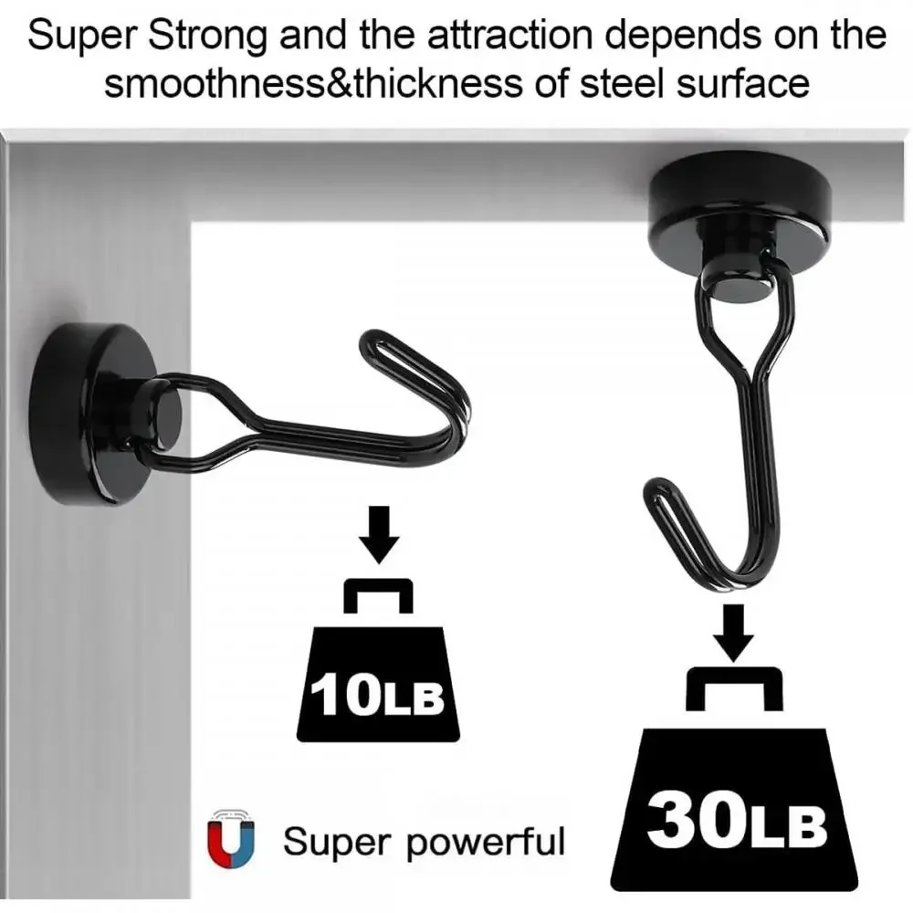 Heavy 1/2/4/8Pcs Duty Magnetic Hooks Strong Neodymium Magnet Hook Black Silver Swivel Hook Kitchen Refrigerator Hanging Tools