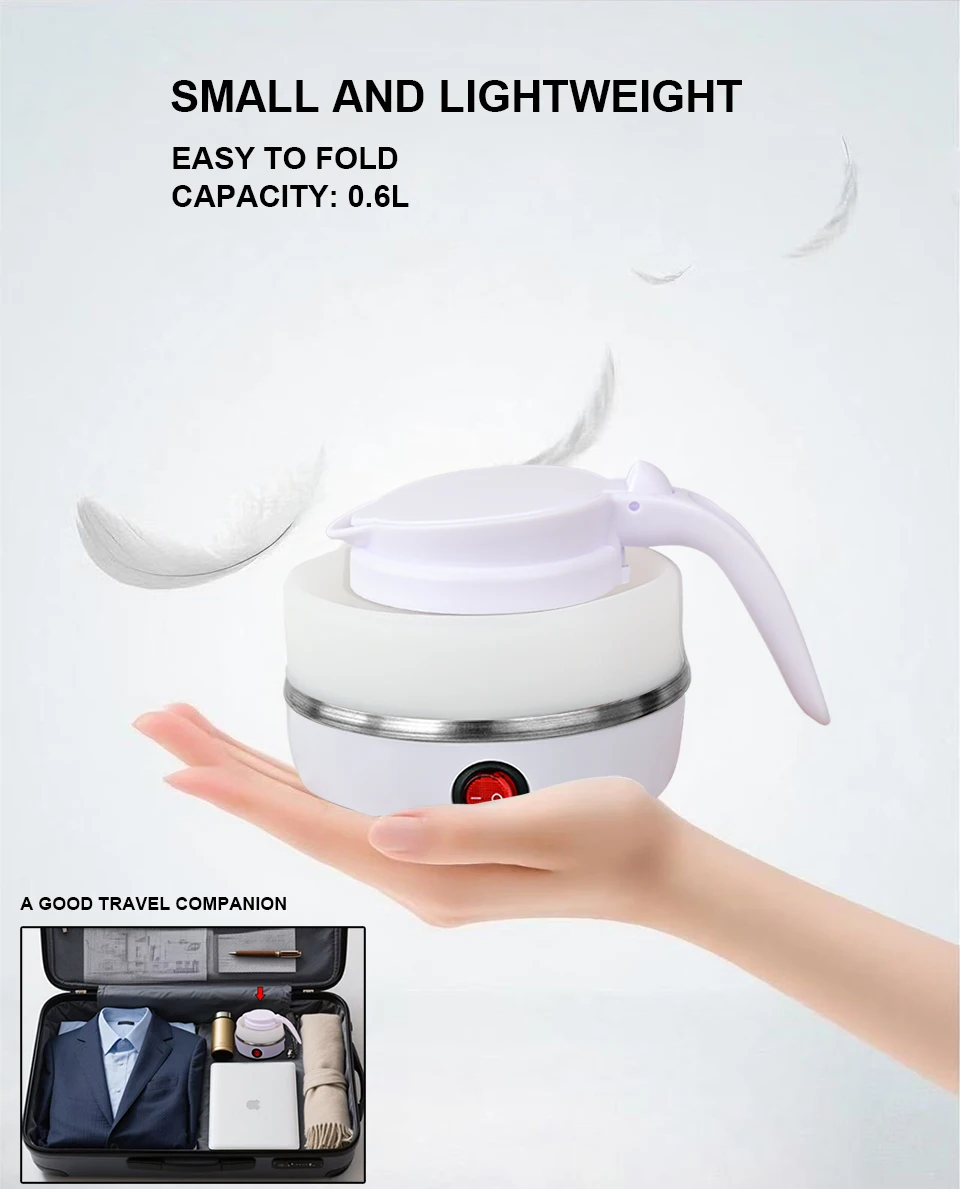 Mini foldable electric kettle 0.6L portable electric kettle household travel water heater silicone compression 110V-220V