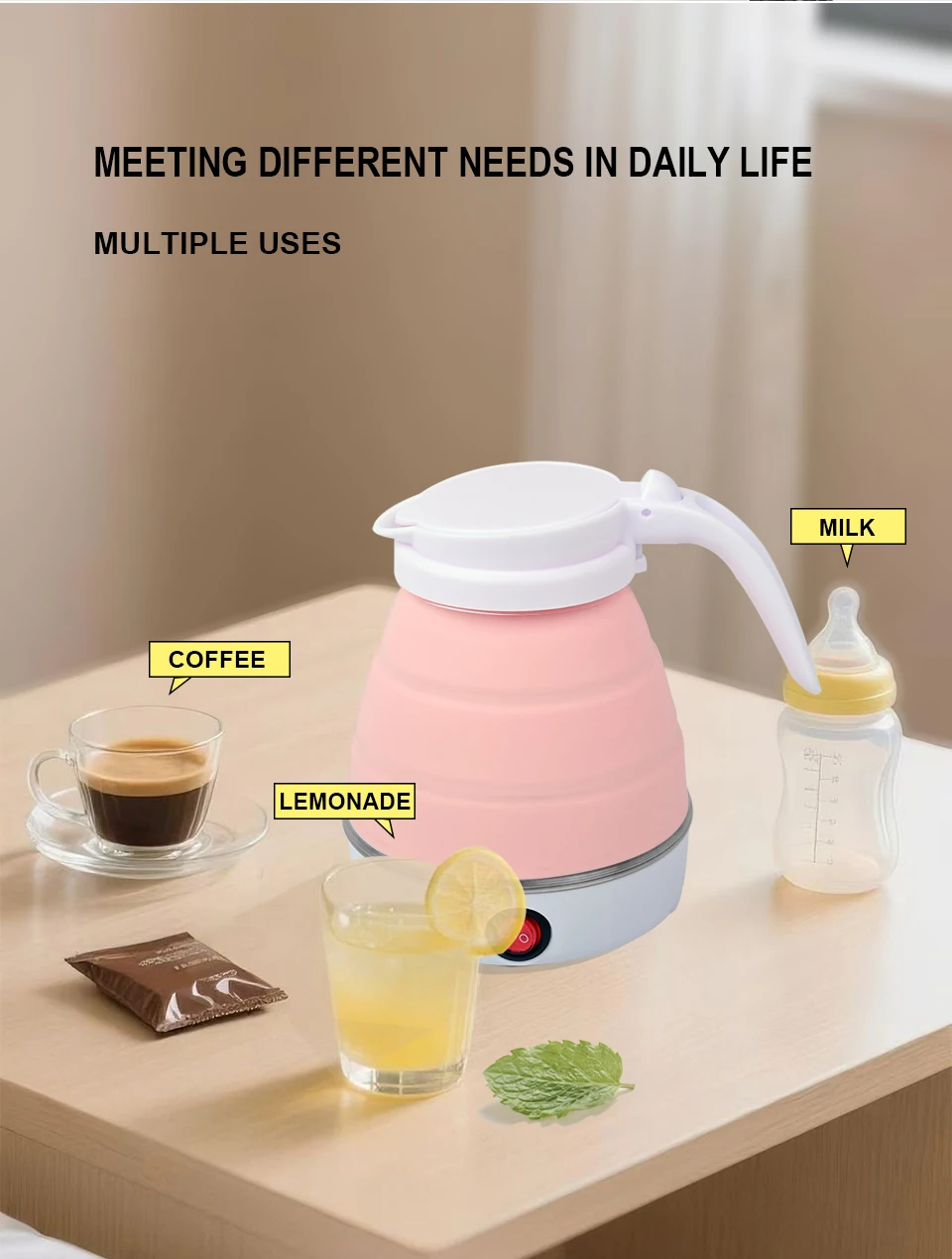 Mini foldable electric kettle 0.6L portable electric kettle household travel water heater silicone compression 110V-220V