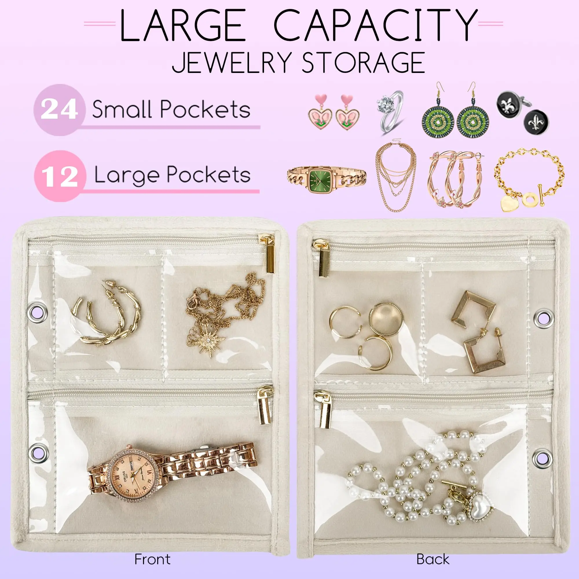 Travel Jewelry Organizer Case,Jewelry Bags Jewelry Storage Book Binder with Clear Zipper Velvet Pouch for Traveling,Earrings