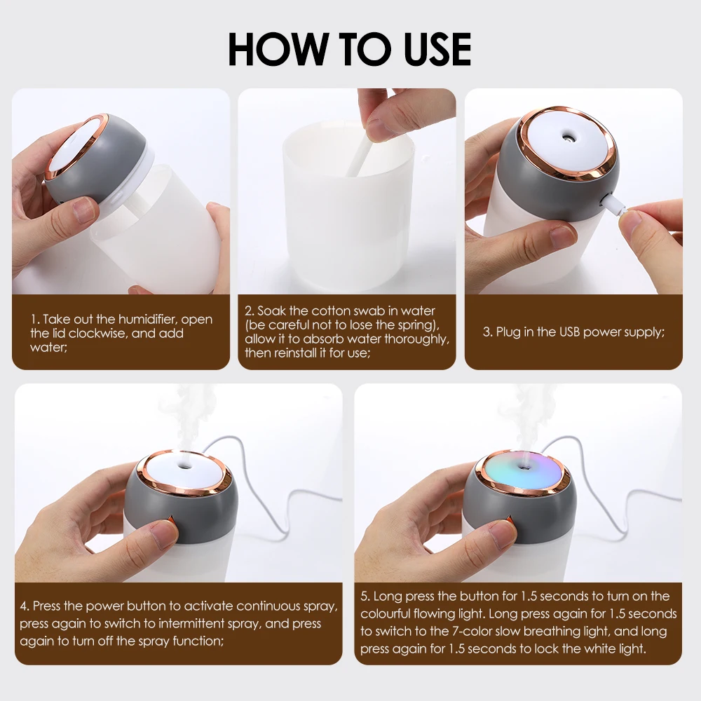 300/600ML USB Air Humidifier For Home Car With Colorful Night Light Large Capacity Essential Oil Aroma Diffuser Mist Sprayer