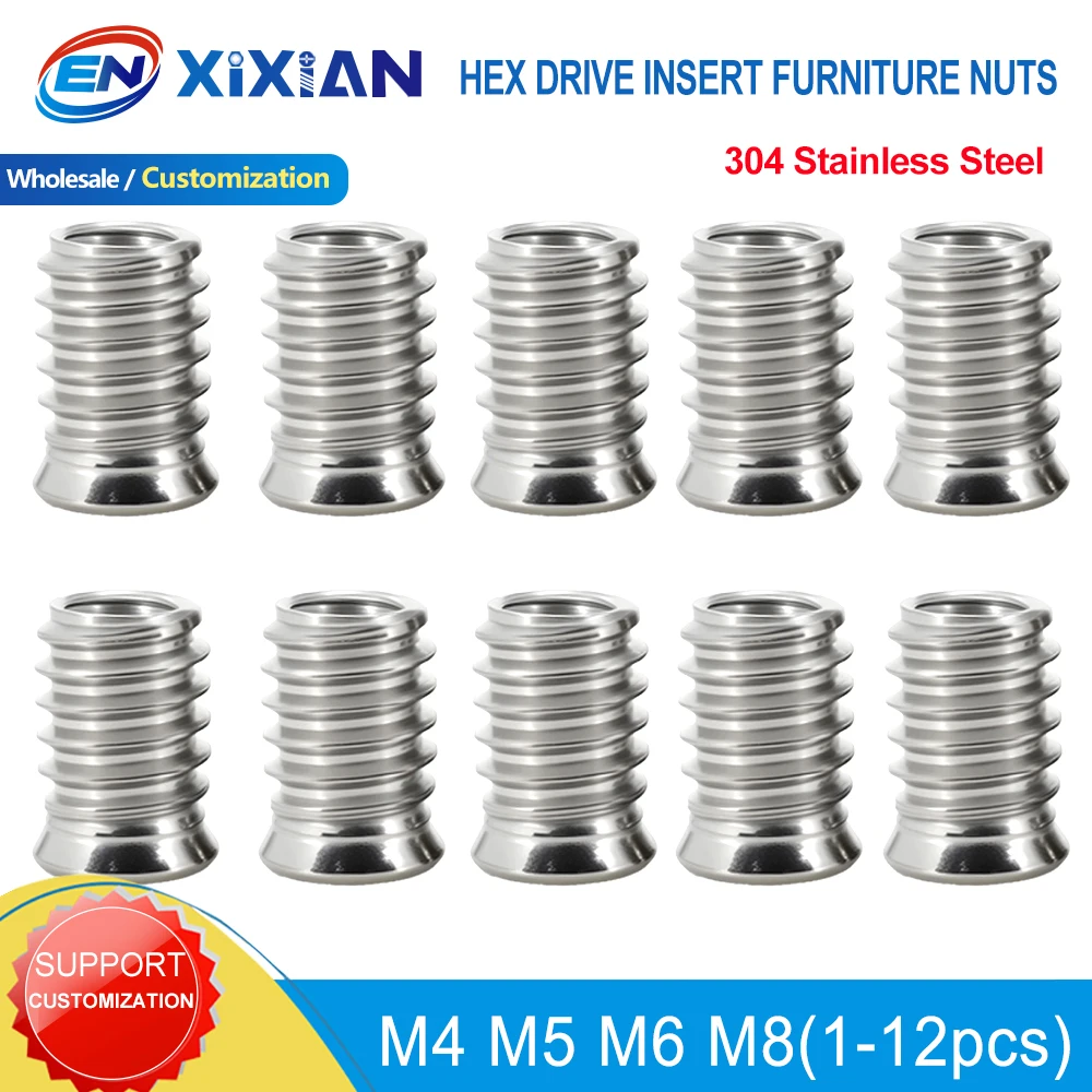 304 Stainless Steel Hex Drive Insert Nuts Woodworking Wood Insertnut Furniture Nut Table Desk Chair Bed Nutsert M4 M5 M6 M8