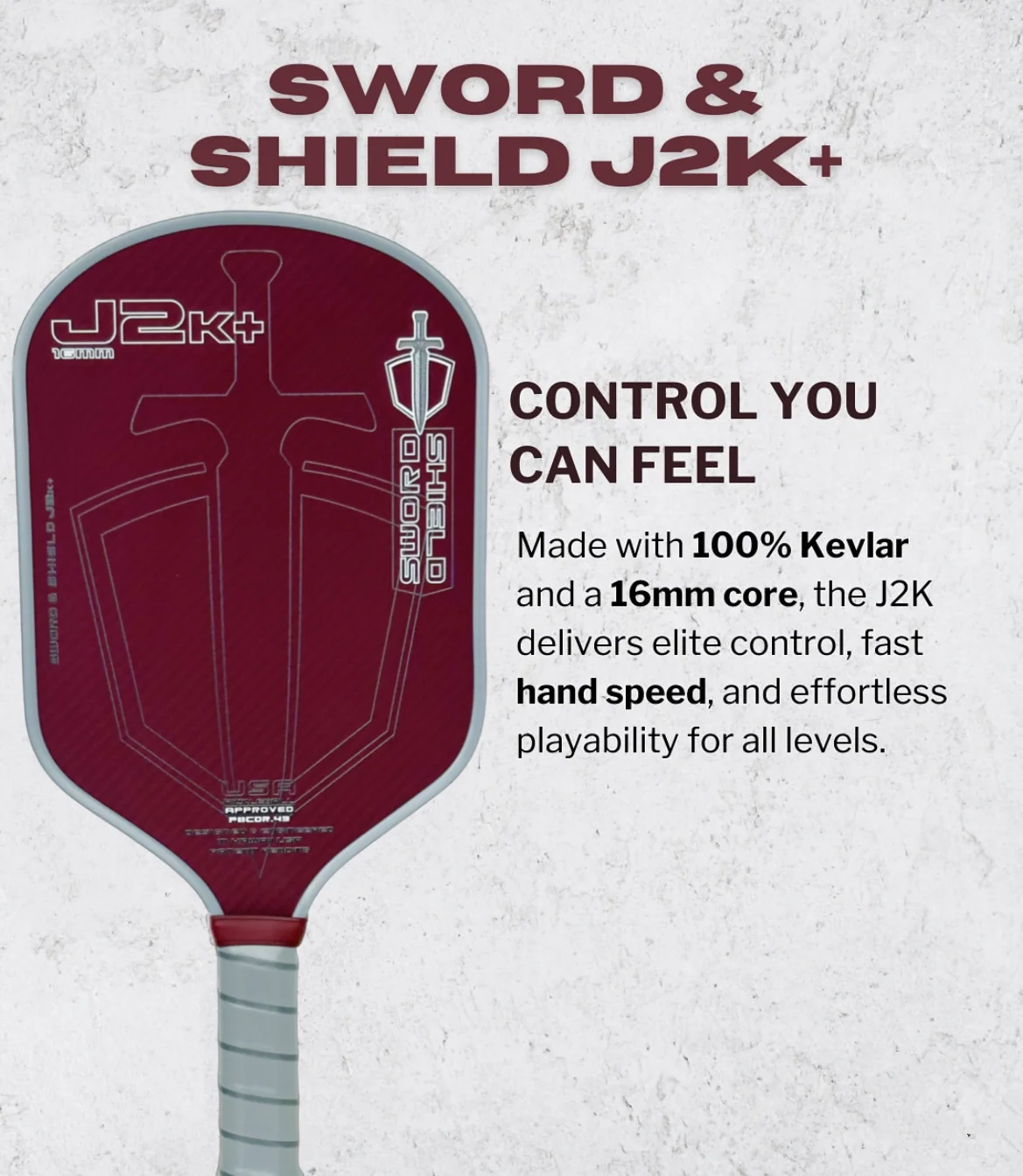 SWORD&SHIELD J2K+ Aramid Fiber Pickleball Paddle, Polymer Honeycomb Core, Large Sweet Spot, Thickness 16MM, Textured Surface