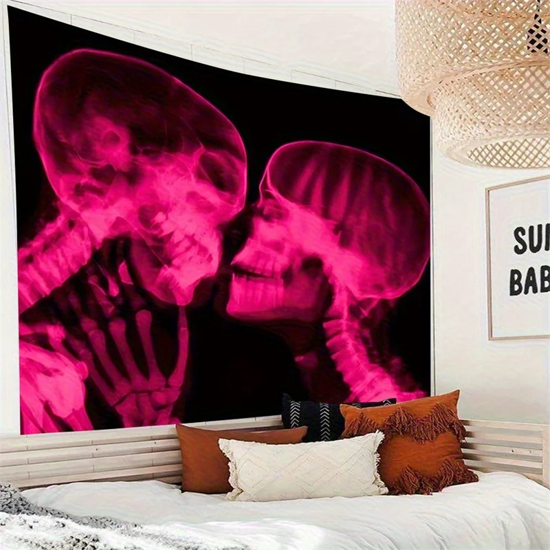 VIKAMA Pink Skull X-Ray Tapestry Skeletal Neon Unique Bedroom Music Party Room Trendy Living Room Decor