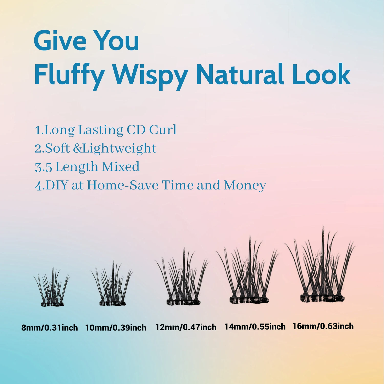 Self-Adhesive False Eyelashes, 96 Pieces, Wispy Natural Look, Black, for Home Use (D-Mix8-16 mm), Press-On Invisible Eyelashes Suitable for Beginners
