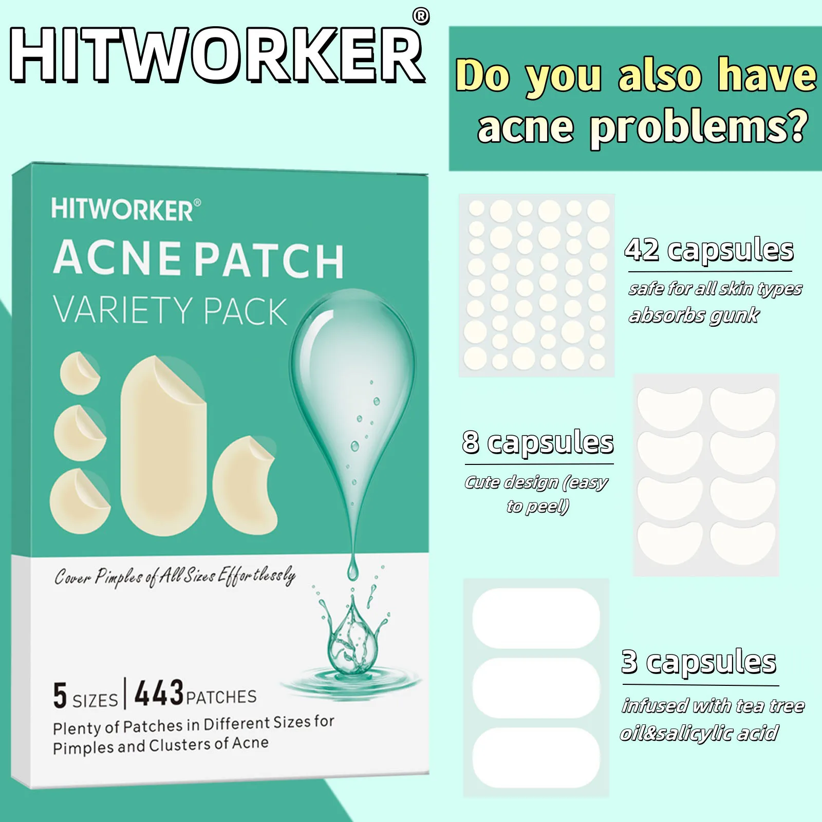 Hydrocolloid Acne Patch Facial Cleansing Care Essence, Tool Accessory, Invisible and Waterproof, Suitable for All Skin Types