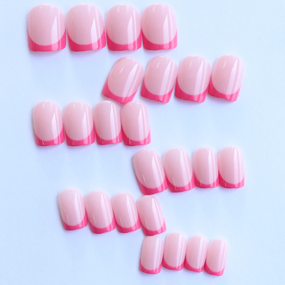 24PCS Pink French Pointed, Short, Medium Fake Nails, Square Fake Nails, Fully Covered Acrylic Nails, Simple Daily Wear For Wome