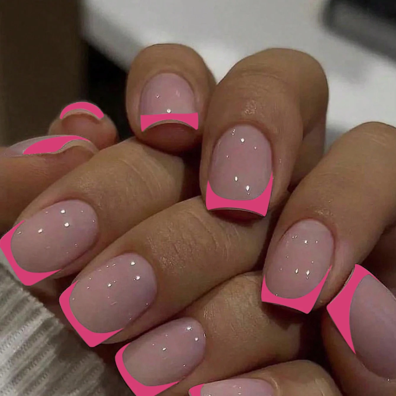 24PCS Pink French Pointed, Short, Medium Fake Nails, Square Fake Nails, Fully Covered Acrylic Nails, Simple Daily Wear For Wome