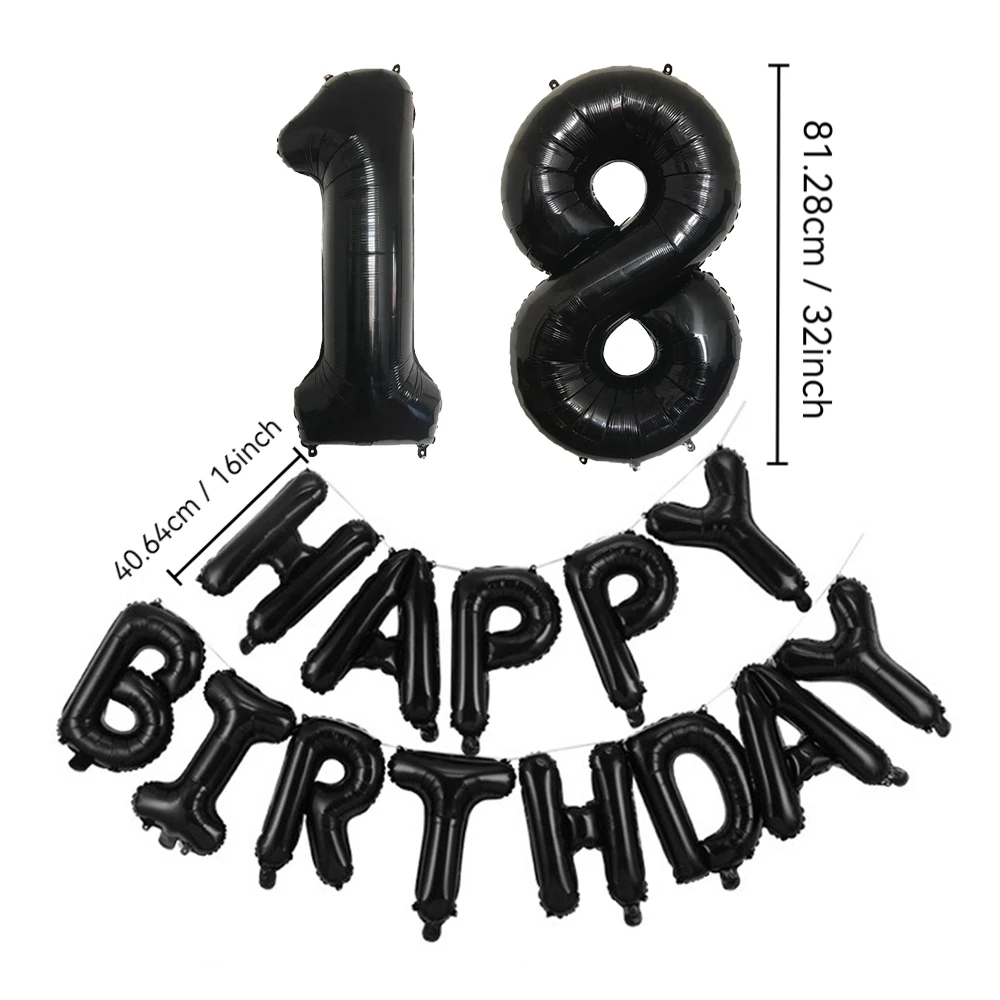 Black 32-Inch Number 1-30 Balloons and 16-Inch 'Happy Birthday' Letter Foil Balloons Set Birthday Party Decoration Supplies