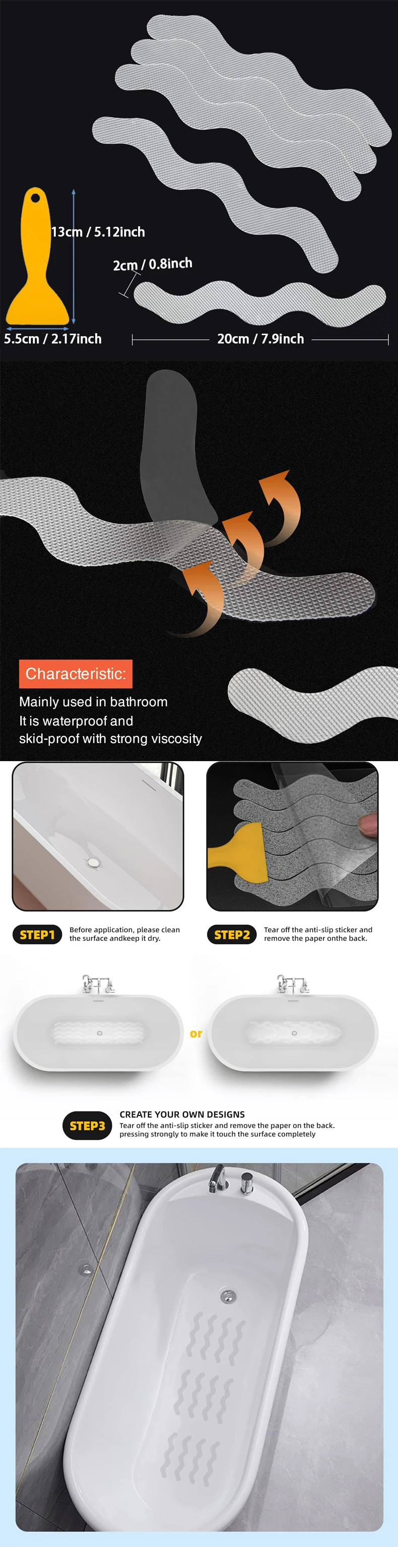 6/12/24Pcs Anti Slip Shower Stickers With Scraper Safety Bathtub Strips Adhesive Decal Waterproof For Bath Tub Shower Stairs