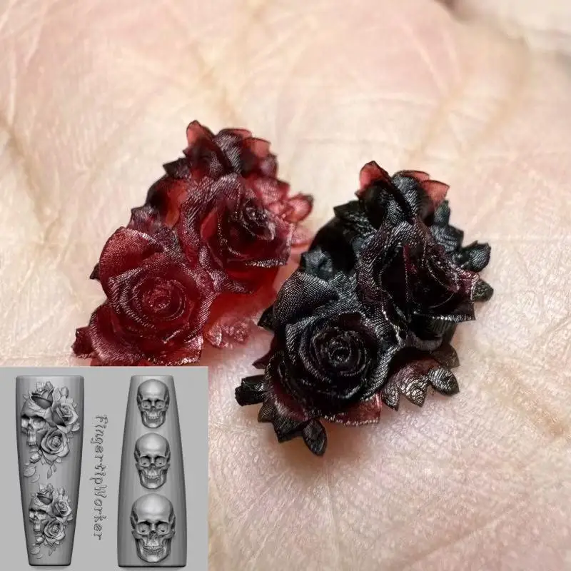 Rose Flower Skull Silicone Nail Art Molds DIY Skeleton Hand Design Transparent Carving Mold Nail Art Decorations