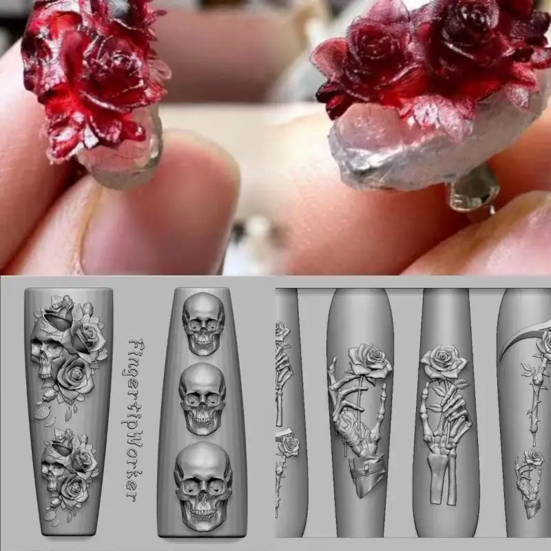 Rose Flower Skull Silicone Nail Art Molds DIY Skeleton Hand Design Transparent Carving Mold Nail Art Decorations