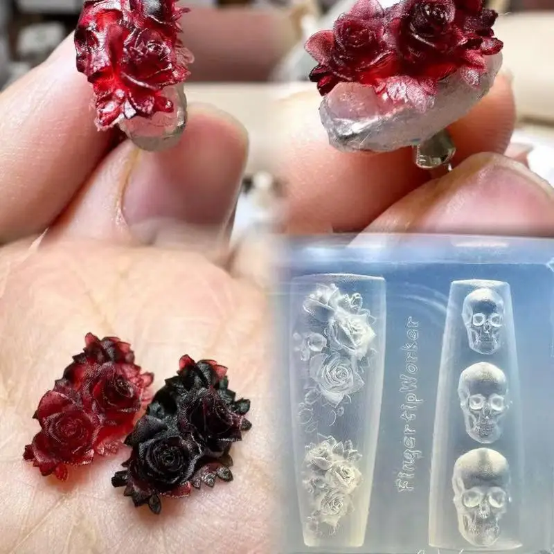 Rose Flower Skull Silicone Nail Art Molds DIY Skeleton Hand Design Transparent Carving Mold Nail Art Decorations