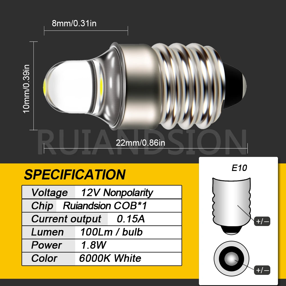 2x E10 Led Flashlight Bulb DC3V 12V Instrument Machine Bulb Indicator Lamp Replacement Torch Emergency Lamp Warm White/White Set