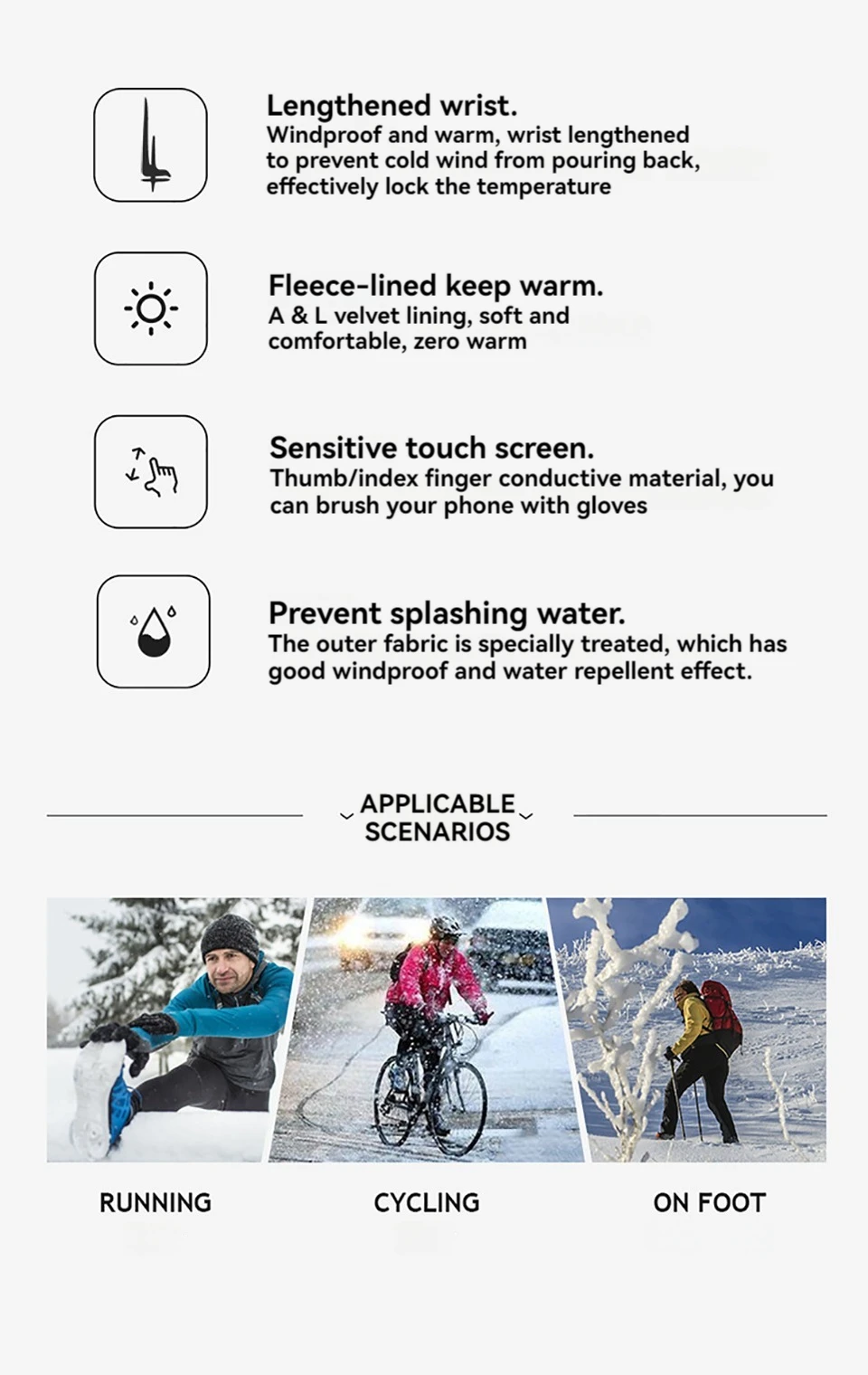 GTUBIKE Winter Warm Gloves for Men Women Extended Thickened Windproof and Waterproof Sports Touchscreen Skiing Cycling Gloves