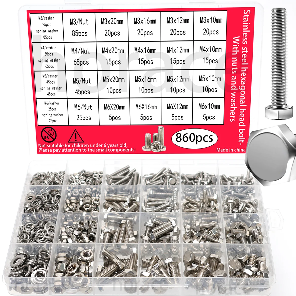 860pcs Stainless Steel Hex Head Bolt Assortment Kit w/Nuts+Washers+Springs - M3-M6 DIN933 Grade 8.8/10.9, A2/A4 Marine Grade