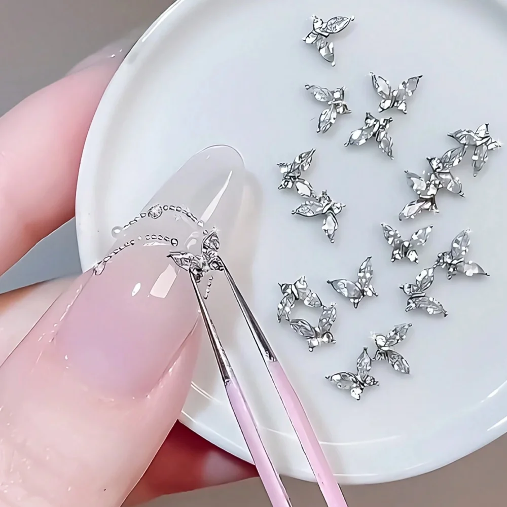 Klimonla Mini Butterfly Nail Accessories Zirconia Nail Rhinestone Accessories Light Luxury Super Flash Alloy Silver Metal