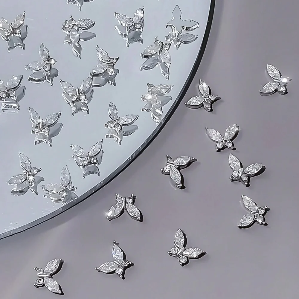Klimonla Mini Butterfly Nail Accessories Zirconia Nail Rhinestone Accessories Light Luxury Super Flash Alloy Silver Metal