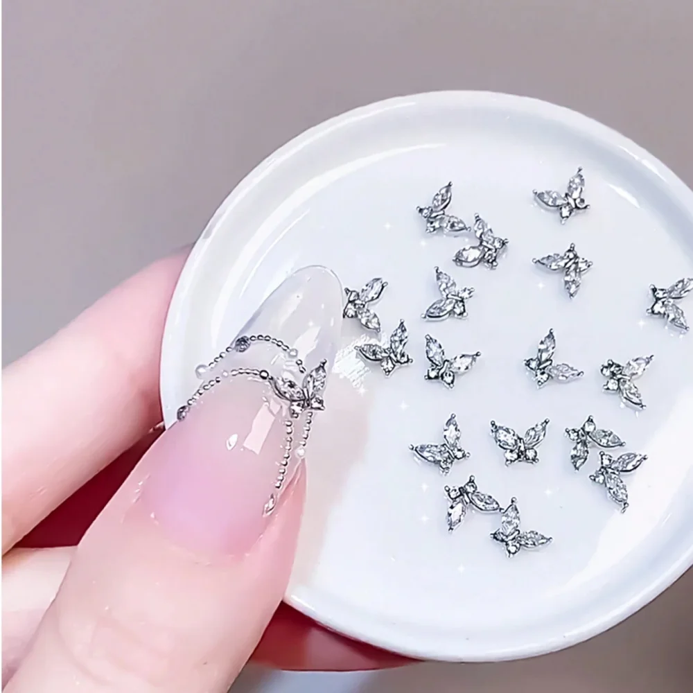 Klimonla Mini Butterfly Nail Accessories Zirconia Nail Rhinestone Accessories Light Luxury Super Flash Alloy Silver Metal