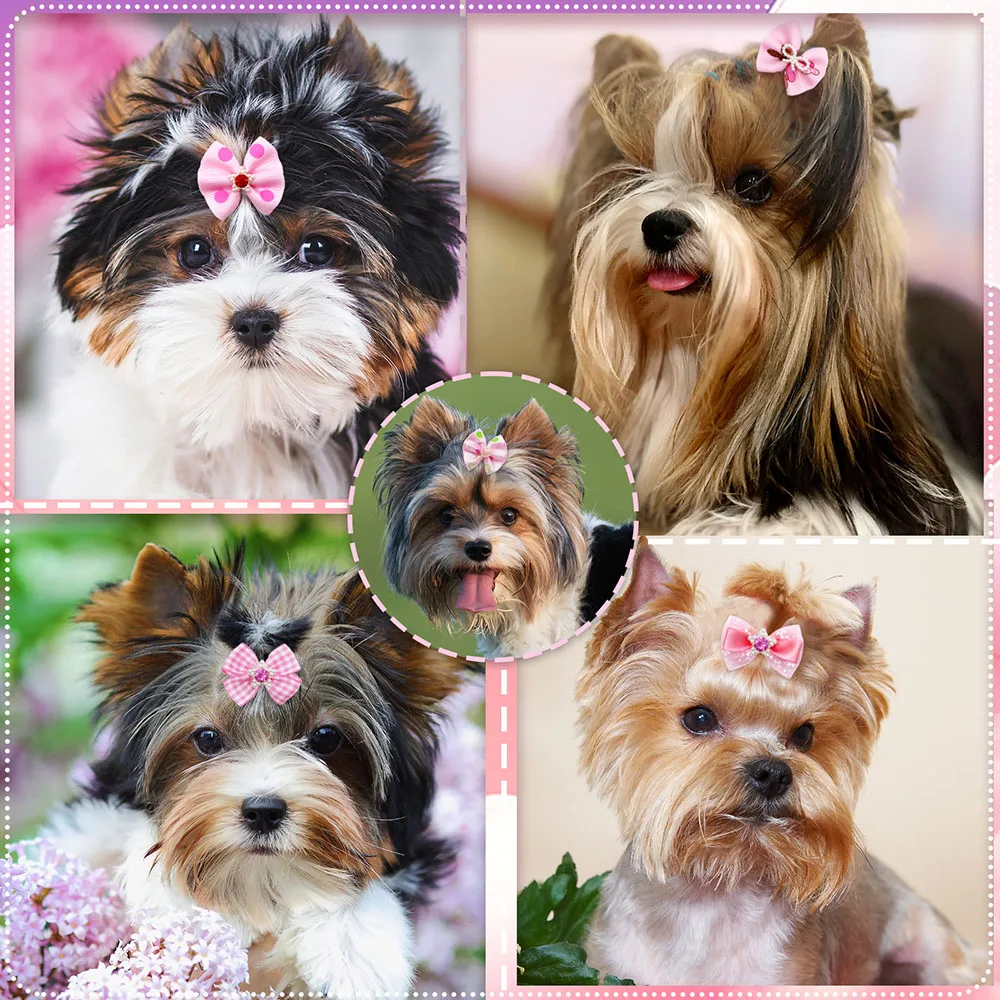 10/20PCS Pink Style Dog Bows With Rubber Bands Diamonds Cute Dog Bowknots Hair Accessories For Dogs Pet Puppy Bows