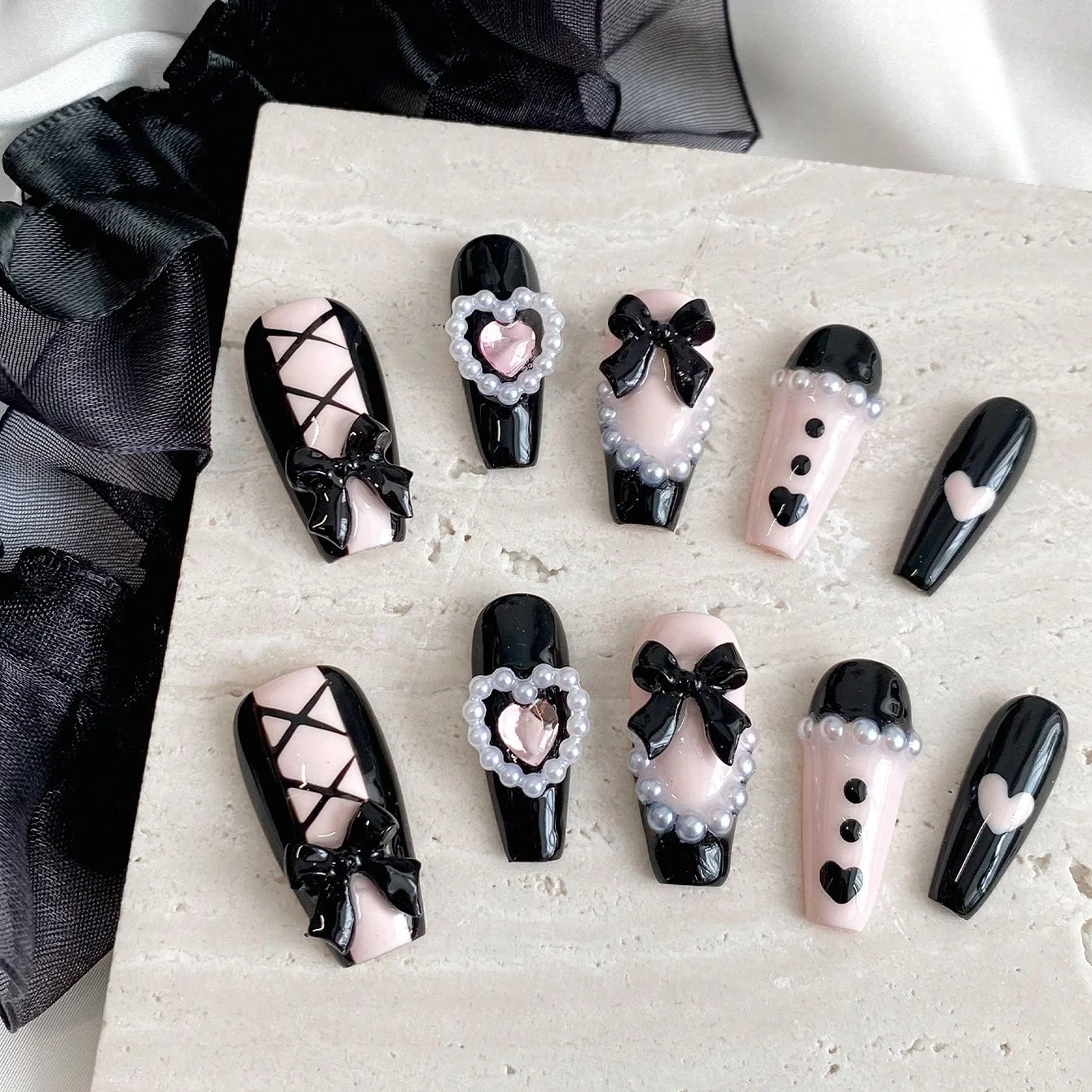 10pcs Pure Handmade Coffin Shaped Nail Art, Beautiful Fake Nails, Sweet and Cool Black Powder Bow, Suitable for Women to Use