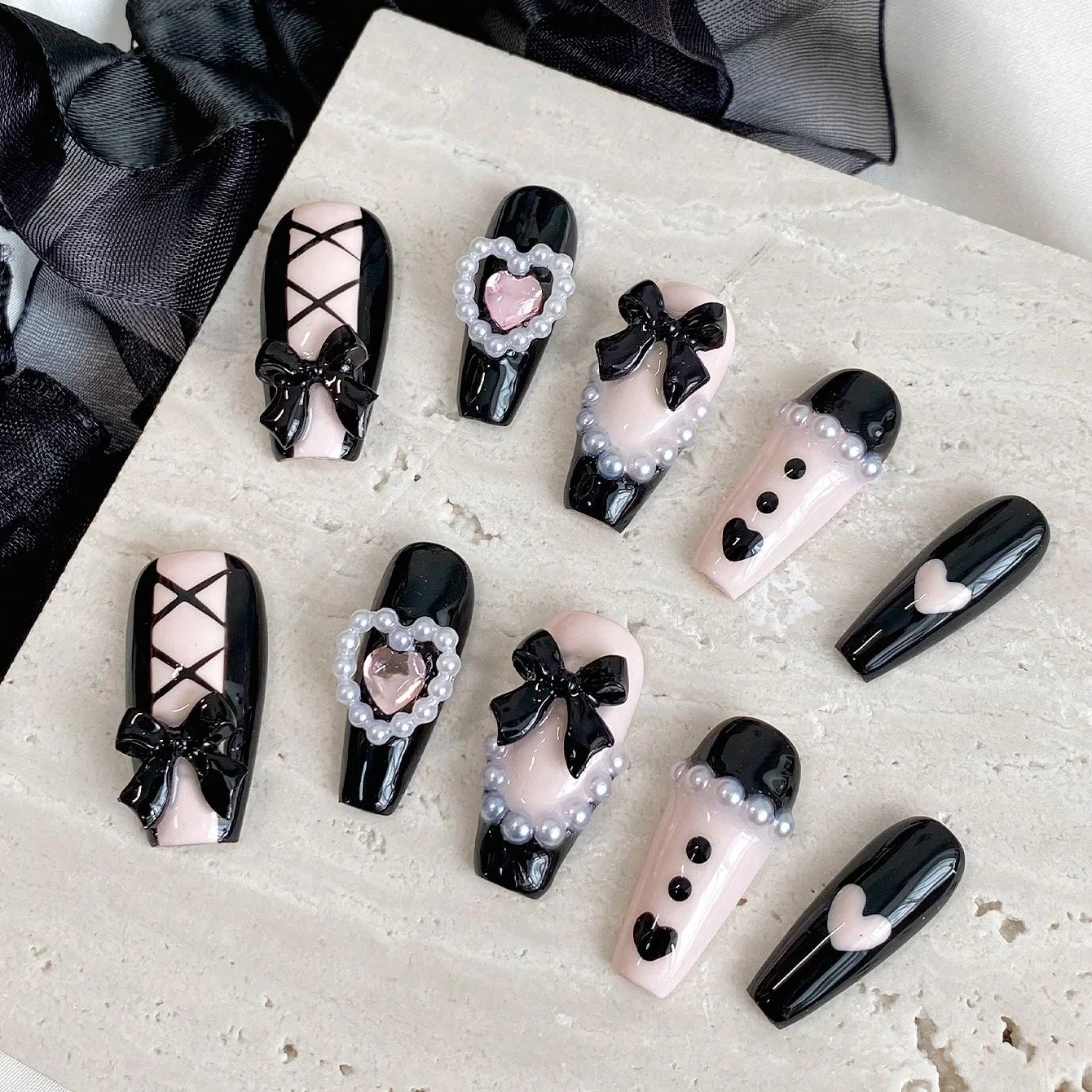 10pcs Pure Handmade Coffin Shaped Nail Art, Beautiful Fake Nails, Sweet and Cool Black Powder Bow, Suitable for Women to Use