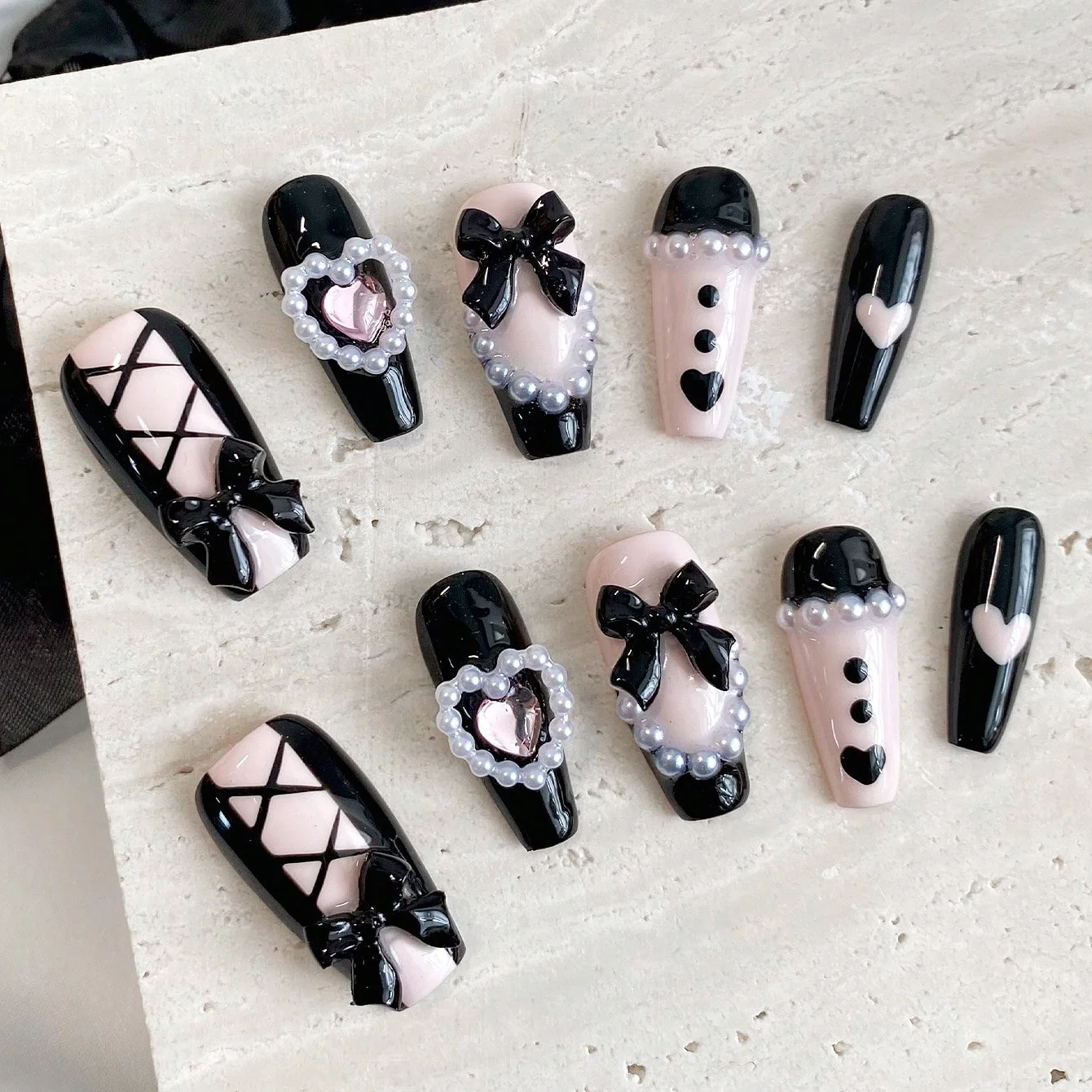 10pcs Pure Handmade Coffin Shaped Nail Art, Beautiful Fake Nails, Sweet and Cool Black Powder Bow, Suitable for Women to Use