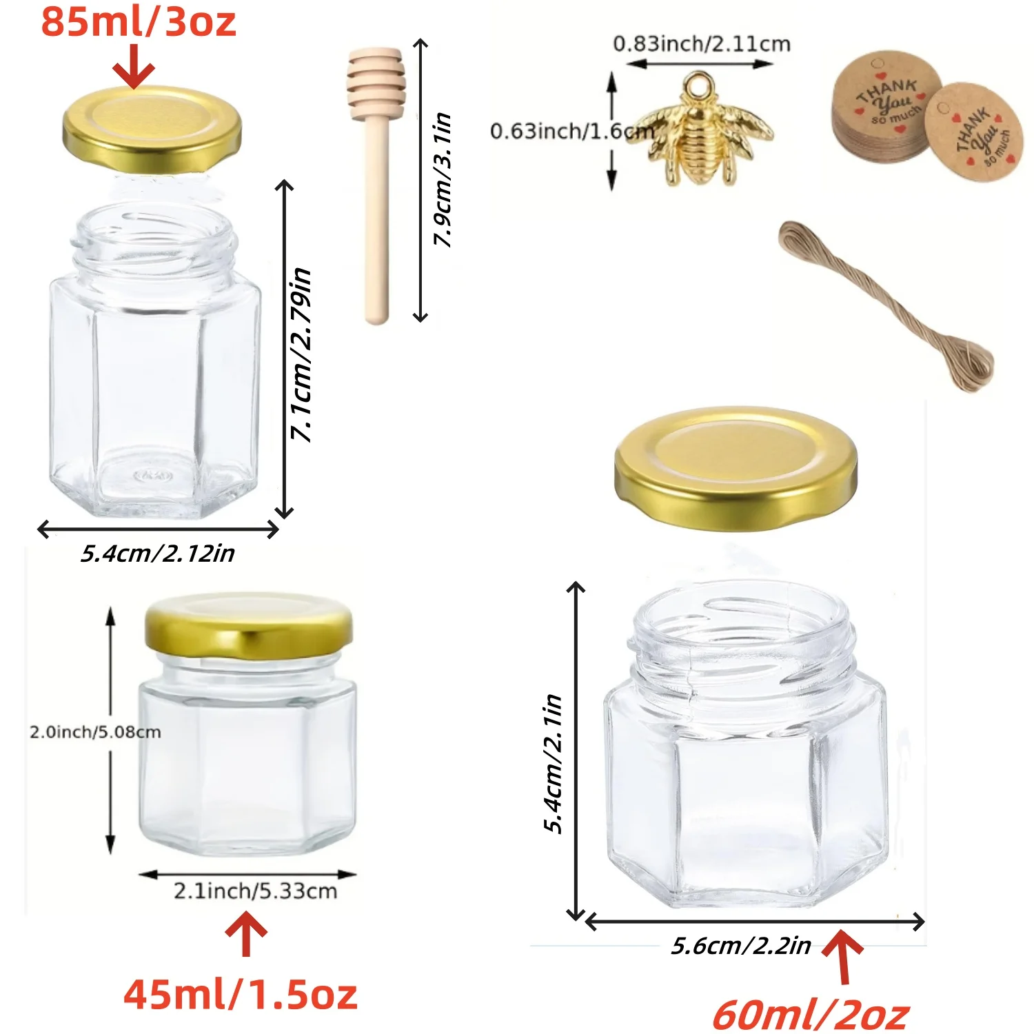 12/20/30/50/60Pcs-Mini Honey Jars with Dipper, Hexagonal Glass Honey Jars, Glass Sugar Jars with Lids, Kitchen Glass Sealed Jars, Available in Various Sizes Such as 1.5/2/3oz, Come with Bee Pendants, Twine, and Card Tags, Perfect for Baby Shower Gifts, Wedding Gifts, Party Favors