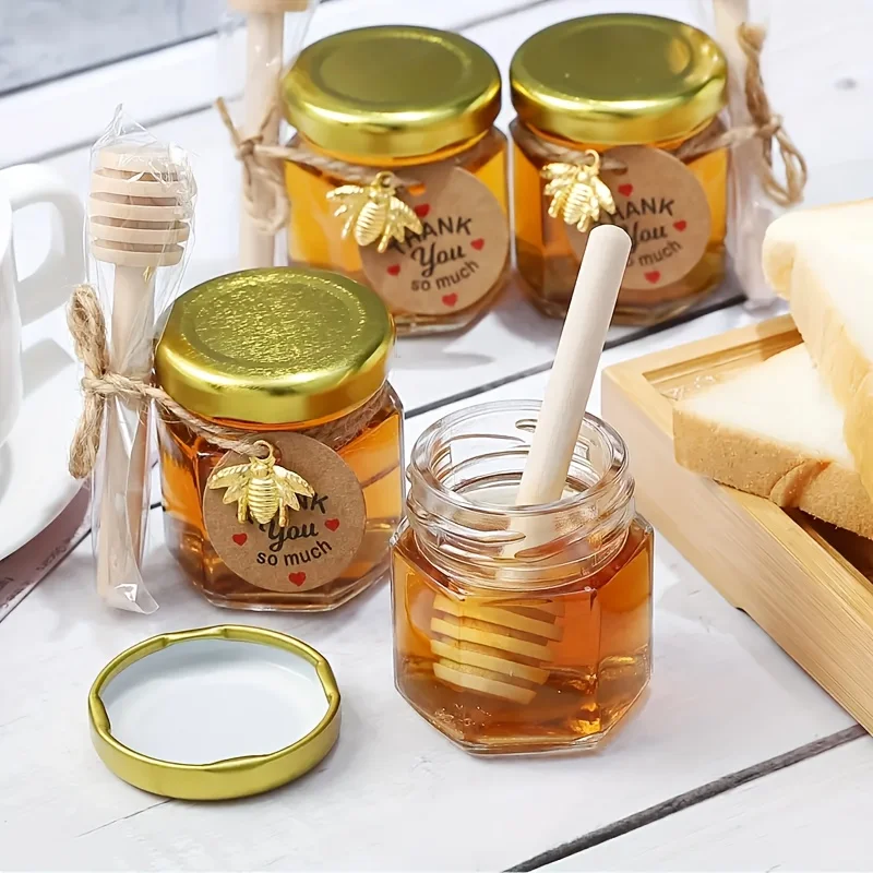 12/20/30/50/60Pcs-Mini Honey Jars with Dipper, Hexagonal Glass Honey Jars, Glass Sugar Jars with Lids, Kitchen Glass Sealed Jars, Available in Various Sizes Such as 1.5/2/3oz, Come with Bee Pendants, Twine, and Card Tags, Perfect for Baby Shower Gifts, Wedding Gifts, Party Favors