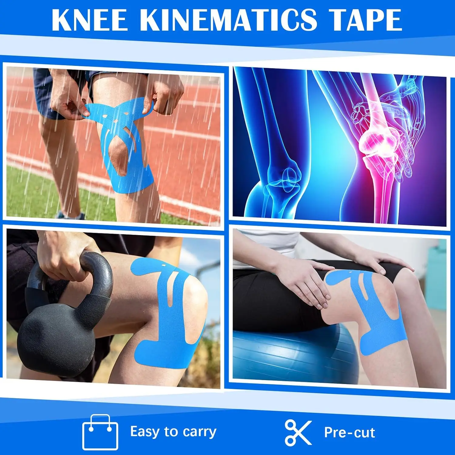 10PCS Precut Kinesiology Tape For Knees,Waterproof Elastic Breathable Knee Tape,Athletic Tape Provide Support Stability Running