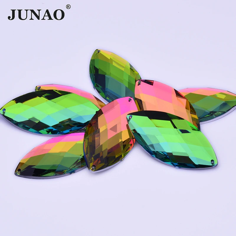 JUNAO 30*62mm Sew On Large Crystal AB Rhinestone Sewing Horse Eye Acrylic Stones Appliques Flat Back Strass Diamond