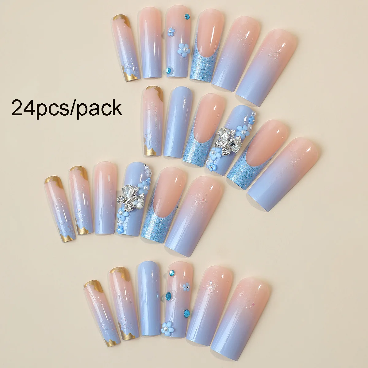 24pcs/set Long Medium short fake nails for women girls cute bow flowers decoration french tips faux ongles press on false nail