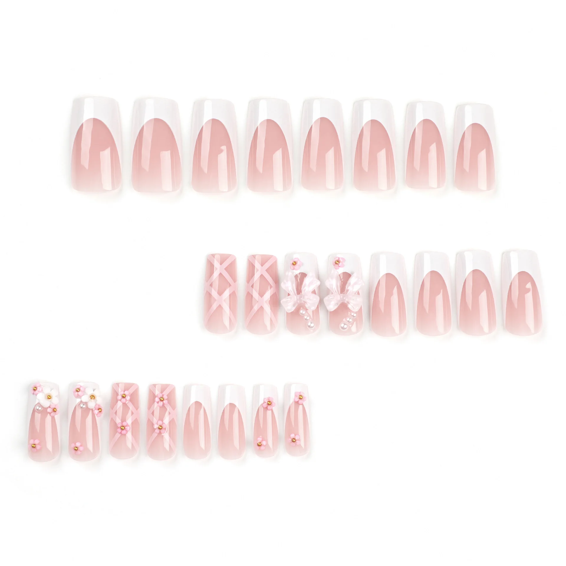 24pcs/set Long Medium short fake nails for women girls cute bow flowers decoration french tips faux ongles press on false nail