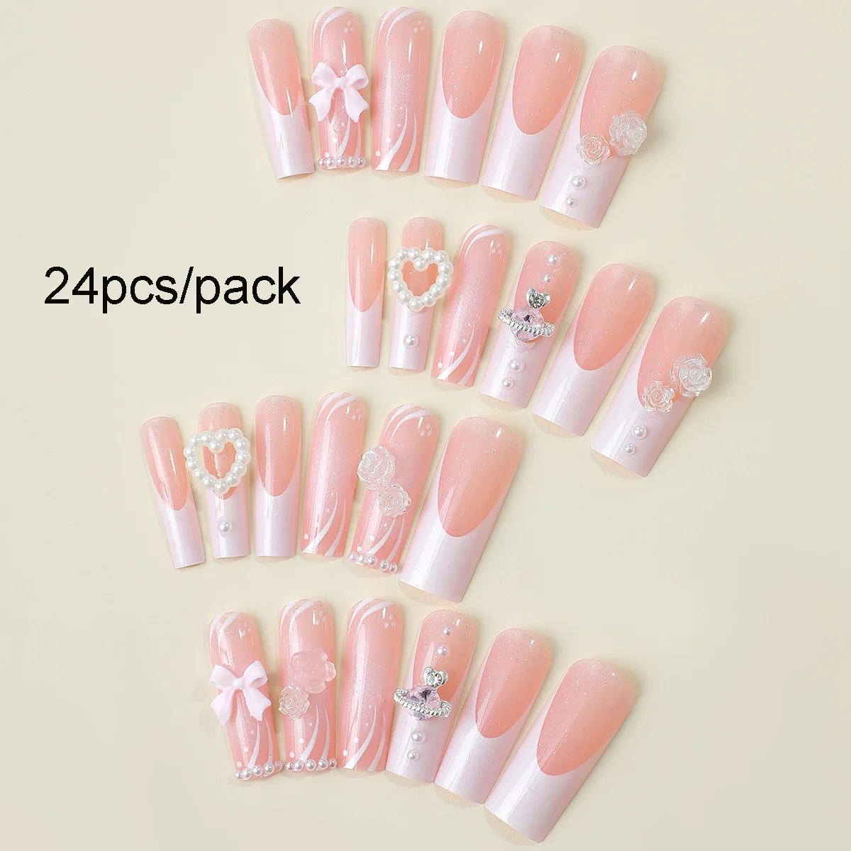 24pcs/set Long Medium short fake nails for women girls cute bow flowers decoration french tips faux ongles press on false nail