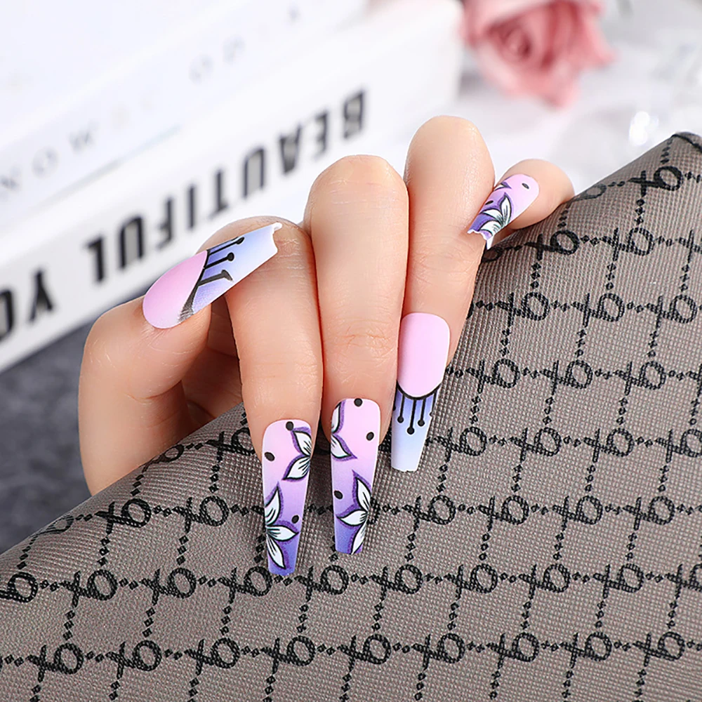 24pcs/set Long Medium short fake nails for women girls cute bow flowers decoration french tips faux ongles press on false nail