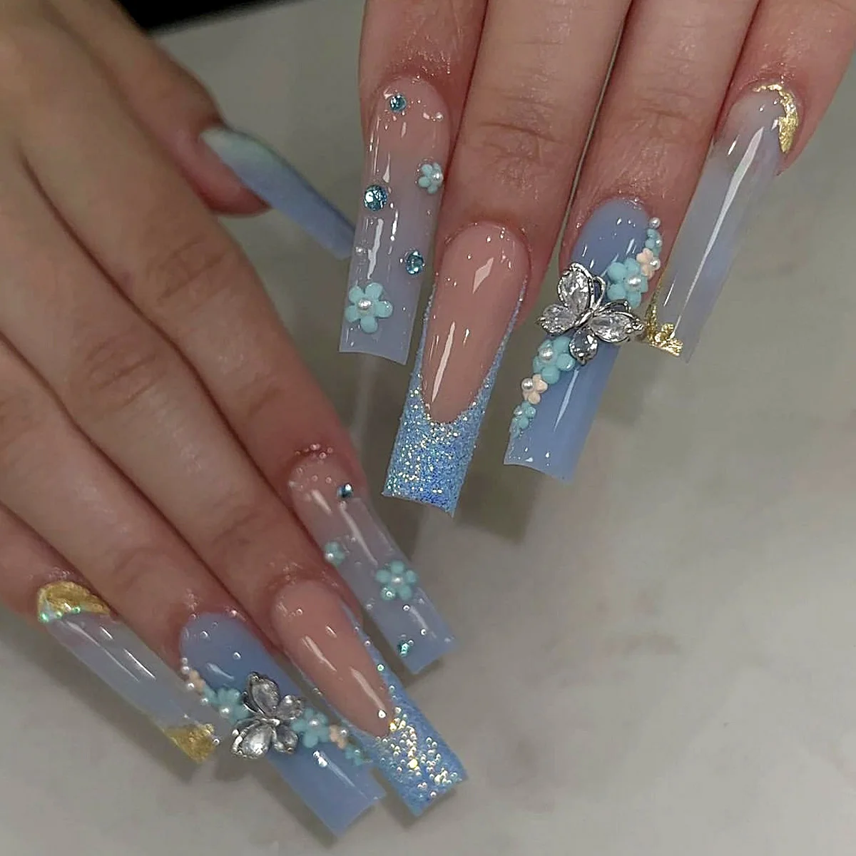 24pcs/set Long Medium short fake nails for women girls cute bow flowers decoration french tips faux ongles press on false nail