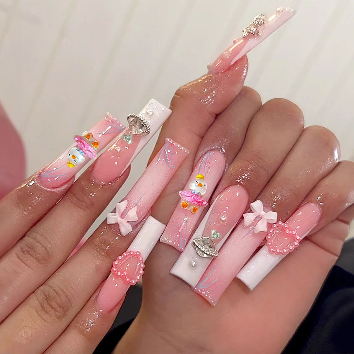 24pcs/set Long Medium short fake nails for women girls cute bow flowers decoration french tips faux ongles press on false nail