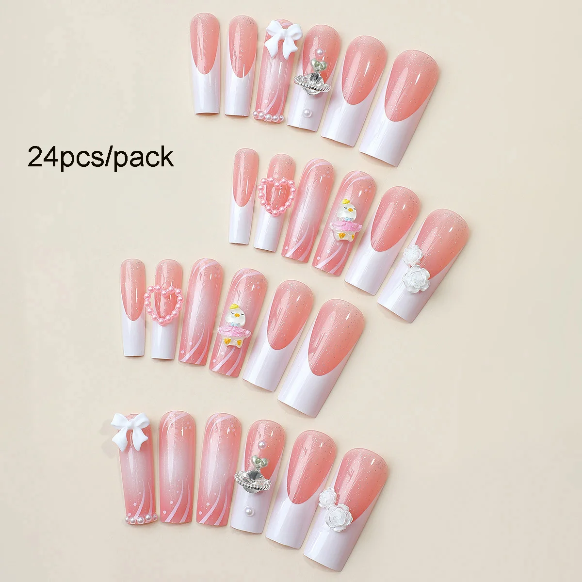 24pcs/set Long Medium short fake nails for women girls cute bow flowers decoration french tips faux ongles press on false nail
