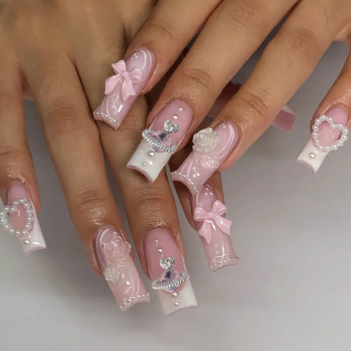 24pcs/set Long Medium short fake nails for women girls cute bow flowers decoration french tips faux ongles press on false nail