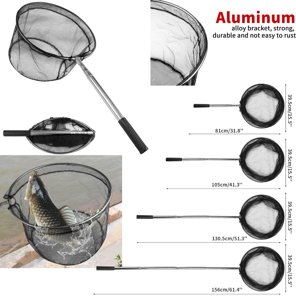 Fishing Landing Net Aluminum Alloy Durable Telescoping Extend to 190cm/130cm/55cm Folding Mesh Safe Fish Catching Releasing